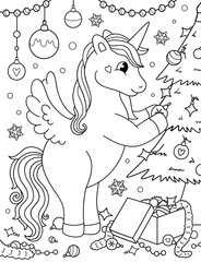Merry Christmas unicorn coloring. Hand drawn vector illustration. Magical animal. Coloring book pages for adults and kids. 
unicorn entangled in a garland, decorations for the Christmas tree, stars