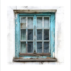 Medium shot of old window, isolated on a white background, bright and vivid tonality, 