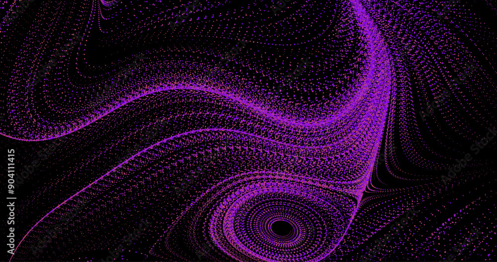 Poster abstract image of wavy lines from particles in a neon turbulence field on a black background. vector