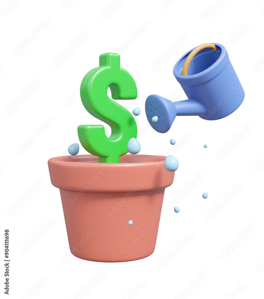 Poster 3d rendering with dollar sign icon in a pot planted next to a watering can, isolated on transparent 