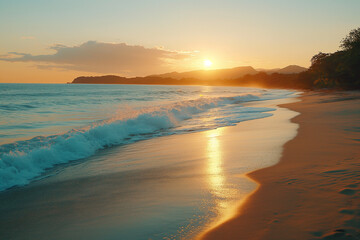 Obraz premium What a beautiful beach photo! The colors of the sunrise or sunset reflecting on the water and sand creates a calm and peaceful atmosphere.