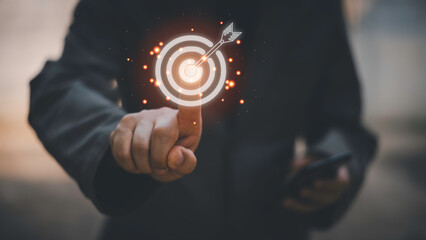 Startup business concept, businessman hands show goals and target for growing business, fast business success. Startup founder, network connection, idea generation, digital marketing.
