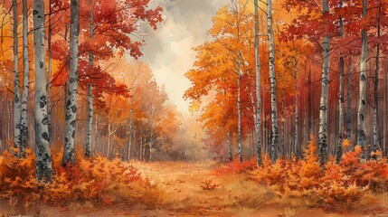 Fototapeta premium A serene autumn landscape with vibrant orange and red foliage, creating a tranquil path through the forest.