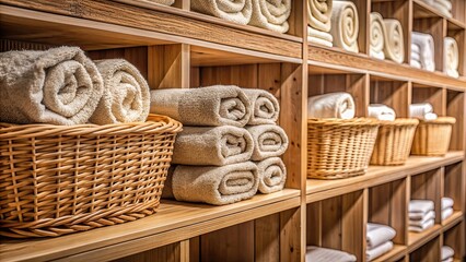 Obraz premium Neatly organized woven baskets filled with rolled towels on a wooden shelf in a spa setting , spa