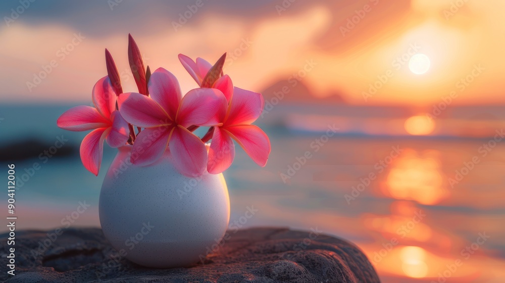 Canvas Prints Pink Flowers on a Beach at Sunrise