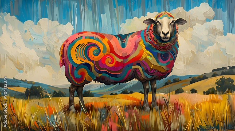 Poster abstract colorful sheep in a field.