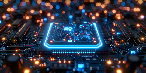 Obraz premium Blue circuit board and technology elements, futuristic and reliable feel, emphasizes modernity and reliability in technology. Hi-tech digital network concept for web design, banner or presentation.