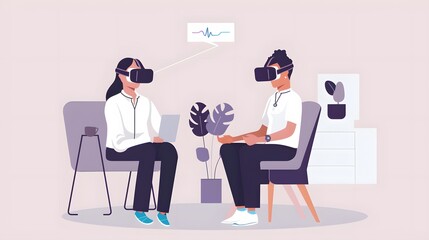 Two people wearing VR headsets, sitting in chairs and facing each other.  They are connected by a virtual line.  The illustration depicts a concept of virtual interaction.