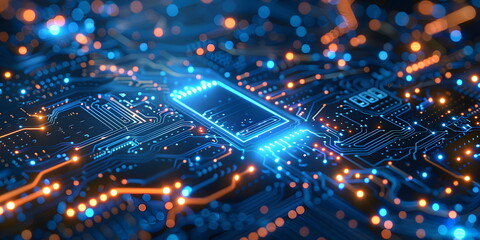Obraz premium Blue circuit board and technology elements, futuristic and reliable feel, emphasizes modernity and reliability in technology. Hi-tech digital network concept for web design, banner or presentation.