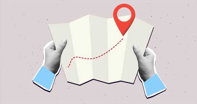 Hands holds a map with a way and a red pin mark. Target or destination concept. 4K animation in a modern collage style