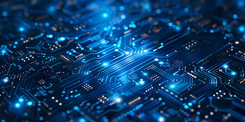 Fototapeta premium Blue circuit board and technology elements, futuristic and reliable feel, emphasizes modernity and reliability in technology. Hi-tech digital network concept for web design, banner or presentation.