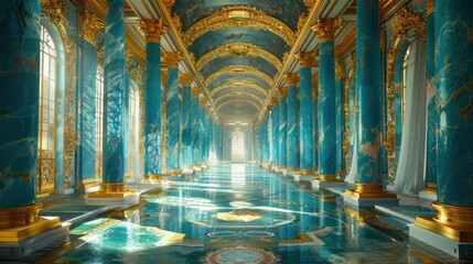 Obraz premium Luxurious Grand Hall with Ornate Golden and Blue Marble Columns and Intricate Ceiling Design