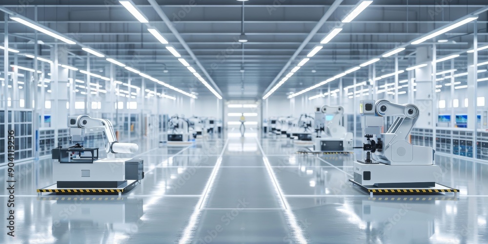 Poster High-tech factory floor with automated robots assembling precision components