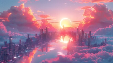 Fototapeta premium Colorful pastel animation of futuristic city.