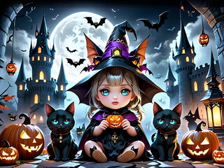 Cute Baby Witch in Halloween Night