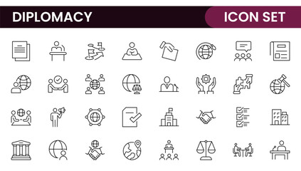Diplomacy Line  Icons set. Vector illustration in modern thin line style of political dialogue related icons: summit, diplomatic, politics, debate, and more.