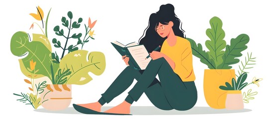 Woman reading a book surrounded by potted plants.