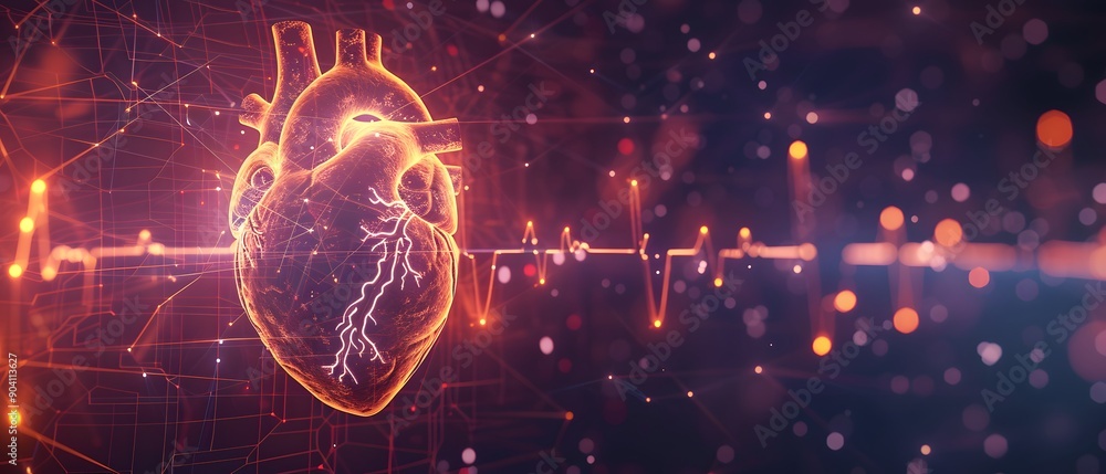 Aufkleber abstract glowing human heart with digital network lines and bokeh.
