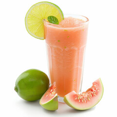 A refreshing freshly pressed guava smoothie with lime and honey, garnished with guava slices and a lime wedge, isolated on white background.