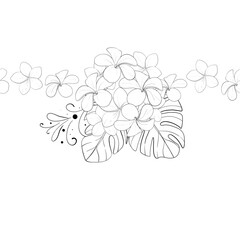 Vector simple tropical seamless summer border, pattern with flowers plumeria. Frangipania. Hand drawn graphic ornament. Black circuit silhouette