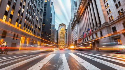 Fototapeta premium Vibrant cityscape of a bustling metropolitan street with light trails from passing traffic and towering skyscrapers at sunset.