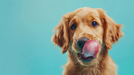 A funny and hungry golden retriever puppy dog eating and licking its lips with tongue. Isolated on a light blue pastel background.