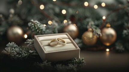 Two gold rings in a beige box surrounded by Christmas decorations and golden baubles, creating a festive ambiance.