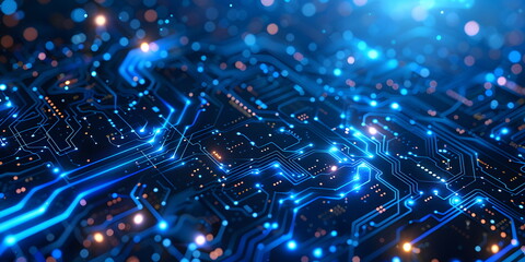 Blue circuit board and technology elements, futuristic and reliable feel, emphasizes modernity and reliability in technology. Hi-tech digital network concept for web design, banner or presentation.