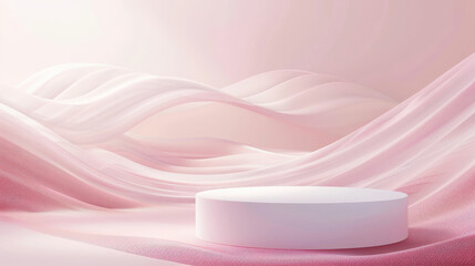 A smooth cylindrical podium is placed against a pink pastel background with abstract, wavy lines. Soft, white studio lighting creates a gentle, serene setting, perfect for product display.