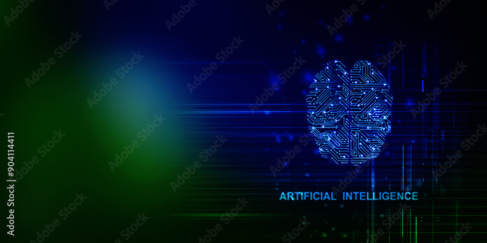 Poster 2d illustration concept of thinking, background with brain, abstract artificial intelligence. techno
