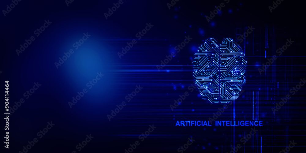 Poster 2d illustration concept of thinking, background with brain, abstract artificial intelligence. techno