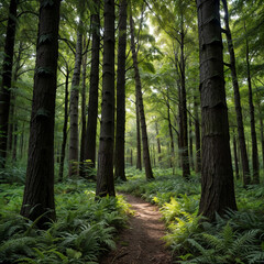 Obraz premium path in the forest This image captures a serene forest scene with tall trees bathed in soft sunlight. The light filters through the lush green foliage, 