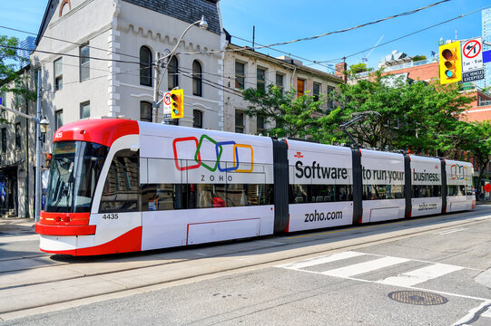 Modern Bombardier tramway on a city street, Toronto, Canada
