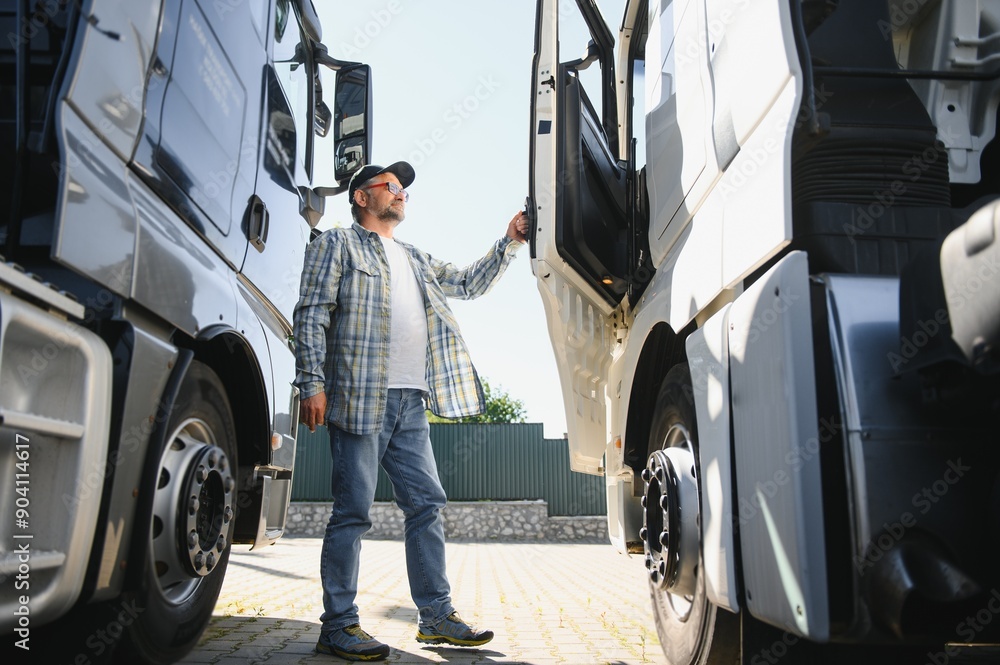 Wall mural truck driver climbing into cab of semi-truck