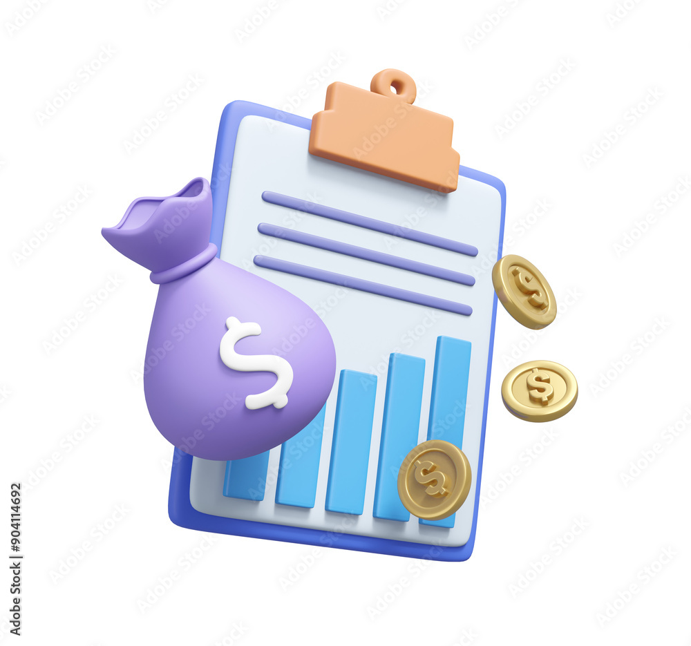 Aufkleber the 3d rendering has a business document icon showing a graph. with money bag and dollar coins isola