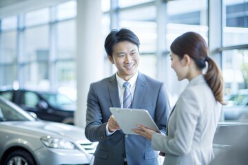 ショールームで顧客をサポートする日本の自動車セールスマン
