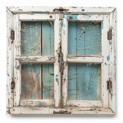 Medium shot of old window, isolated on a white background, bright and vivid tonality, 