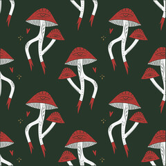 Cartoon funny fly agaric mushrooms groovy whimsical seamless pattern art. Doodle cute woodland fungi nature environment characters background. Hand-drawn bohemian wrapping paper. Scandinavian magic