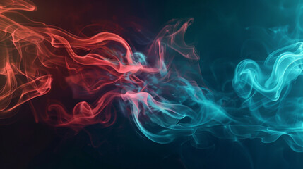 Fototapeta premium A striking background featuring deep red and turquoise smoke curls, blending with delicate steam, creating a bold and captivating visual.