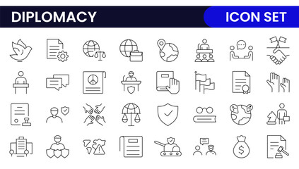 Diplomacy Line  Icons set. Vector illustration in modern thin line style of political dialogue related icons: summit, diplomatic, politics, debate, and more.