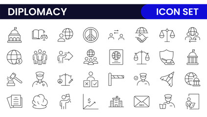 Diplomacy Line  Icons set. Vector illustration in modern thin line style of political dialogue related icons: summit, diplomatic, politics, debate, and more.