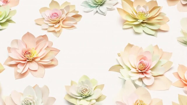 3d rendering, animation of floral background, blooming paper flowers, botanical pattern growing, paper craft, candy pastel colors, bright hue palette.