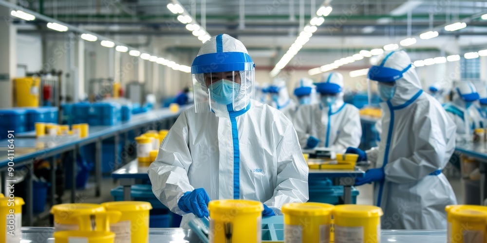Poster workers in protective gear operating large-scale production lines