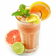 A tangy freshly pressed citrus smoothie with lemon, lime, and grapefruit, topped with citrus wedges and mint leaves, isolated on white background.