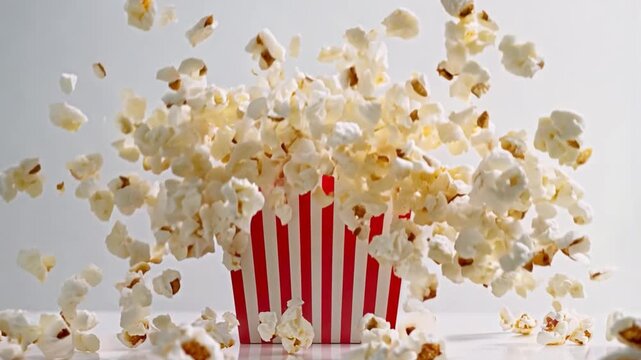 Popcorn falling into red and white striped box, flying in air over white studio background, cinema snacks and entertainment
