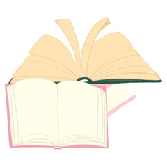 Cute book collection. Different stacks of books, open books. Educational theme.