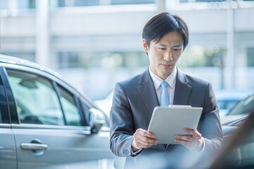 顧客の保険契約を分析する日本の自動車保険スペシャリスト
