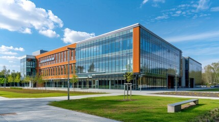 Obraz premium Futuristic Modern Architecture with Glass Facade and Reflective Surfaces. Innovative Tech Building Design for Corporate Headquarters or Urban Skyline. Sleek Geometric Shapes and Sustainable Materials