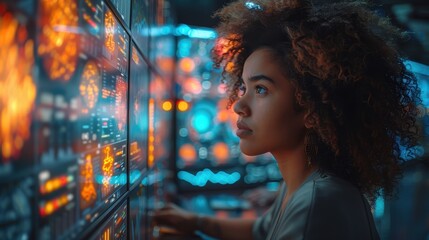 Focused Woman Analyzing Data on Multiple Screens