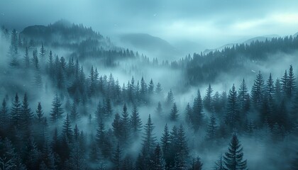 Vintage Hazy Forest with Fir Trees 